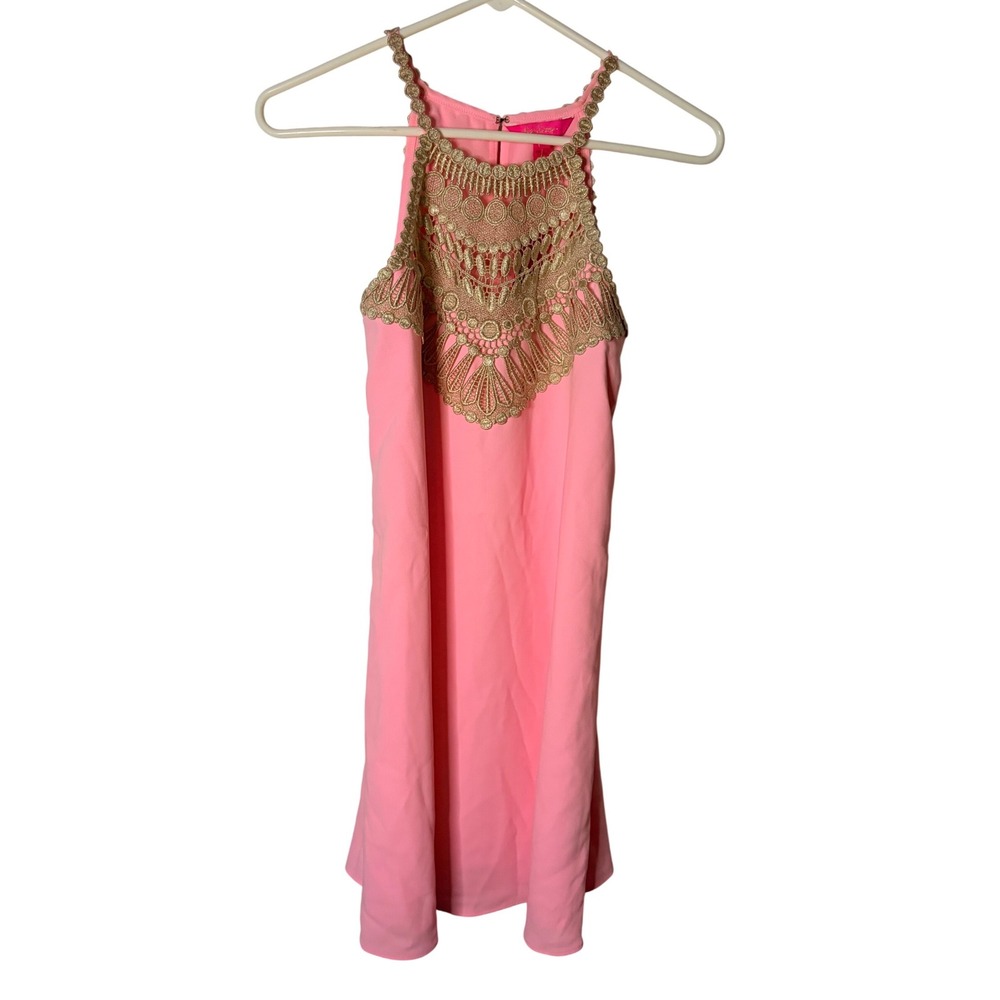 Lilly Pulitzer Pearl Soft Shift Dress‎ Coral Reef Tint Gold Embroidery 00 001552